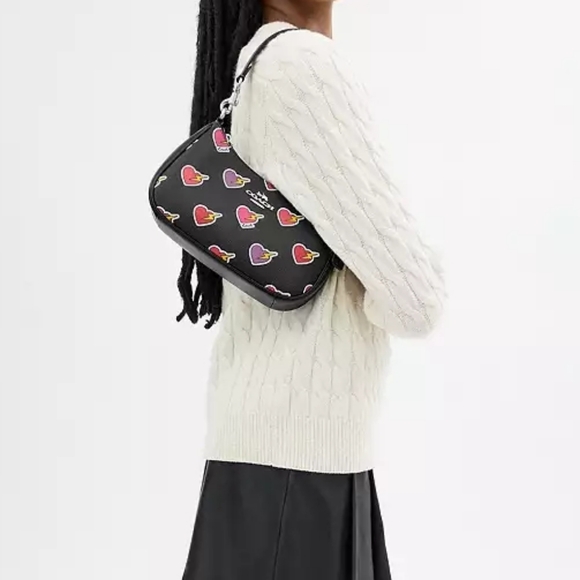 Coach Teri Shoulder Black Bag With Heart Bolt Print - Picture 7 of 11